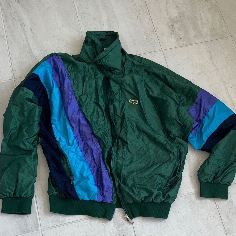 Lacoste Men's Windbreaker in Green with Blue and Purple Stripes